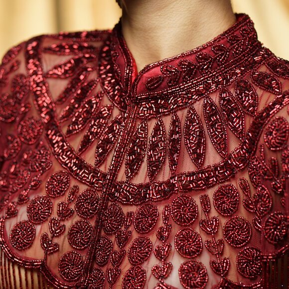 Red Fringe Cape, Rhinestone Beaded Shawl, Luxury Sequin Cape, Festival Outfit - Picture 8 of 13